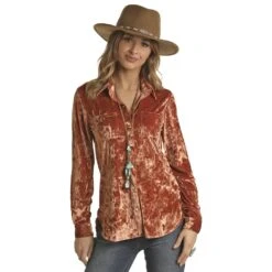Rock & Roll Denim Women'sRust Boyfriend Velvet Snap Shirt