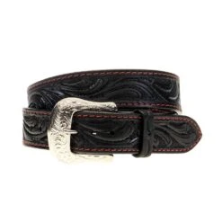 Western Fashion Men's Tooled Black Belt With Red Stitch