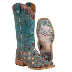 Tin Haul Footwear Womens Turquoise And Gold Lama 13` Boot