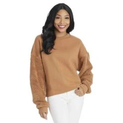 Mud Pie Women's Layla Tan Sherpa Sleeve Sweatshirt