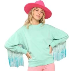 Peach Love Mint Fringe Sleeve Sweatshirt
