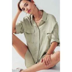 Trend:Notes Women's Oversized Green Button Up Shirt