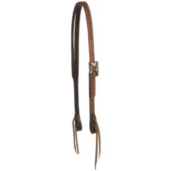 Cowperson Tack 3/4 Inch Slit Ear Basket Stamp Headstall With Unique Antiqued Rectangular Concho With Silver And Cooper Detail