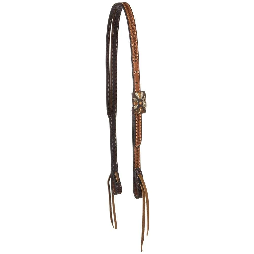 Cowperson Tack 3/4 Inch Slit Ear Basket Stamp Headstall With Unique Antiqued Rectangular Concho With Silver And Cooper Detail 3 Cowperson Tack 3/4 Inch Slit Ear Basket Stamp Headstall With Unique Antiqued Rectangular Concho With Silver And Cooper Detail