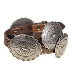 Women's Brown Tooled Leather Concho Belt -Western Denim Gear Store A1530508 2