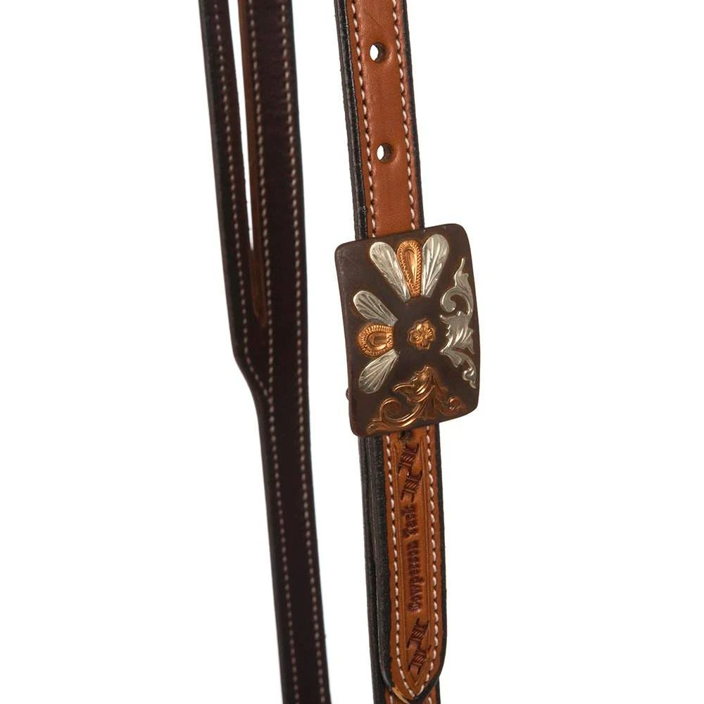 Cowperson Tack 3/4 Inch Slit Ear Basket Stamp Headstall With Unique Antiqued Rectangular Concho With Silver And Cooper Detail 4 Cowperson Tack 3/4 Inch Slit Ear Basket Stamp Headstall With Unique Antiqued Rectangular Concho With Silver And Cooper Detail - Image 2