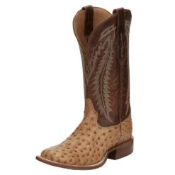 Tony Lama Men's Tony Lama Tan Full Quill Ostrich 13in. Chestnut Cowhide Top Square Toe Boot